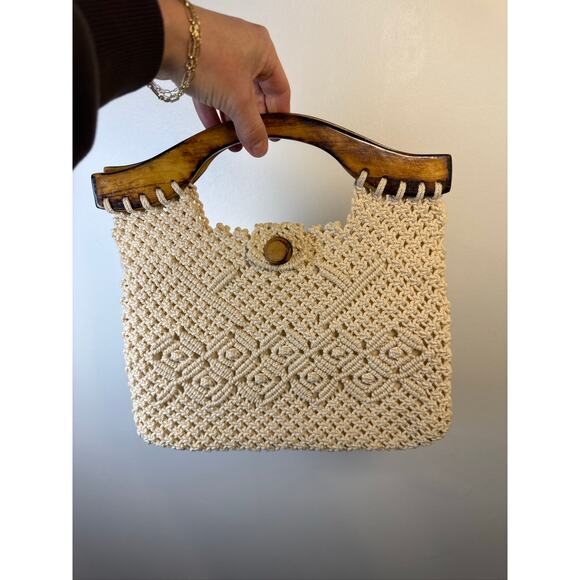 Handmade Handbags - Handmade Crochet Macrame Tote Bag in Cream. OS